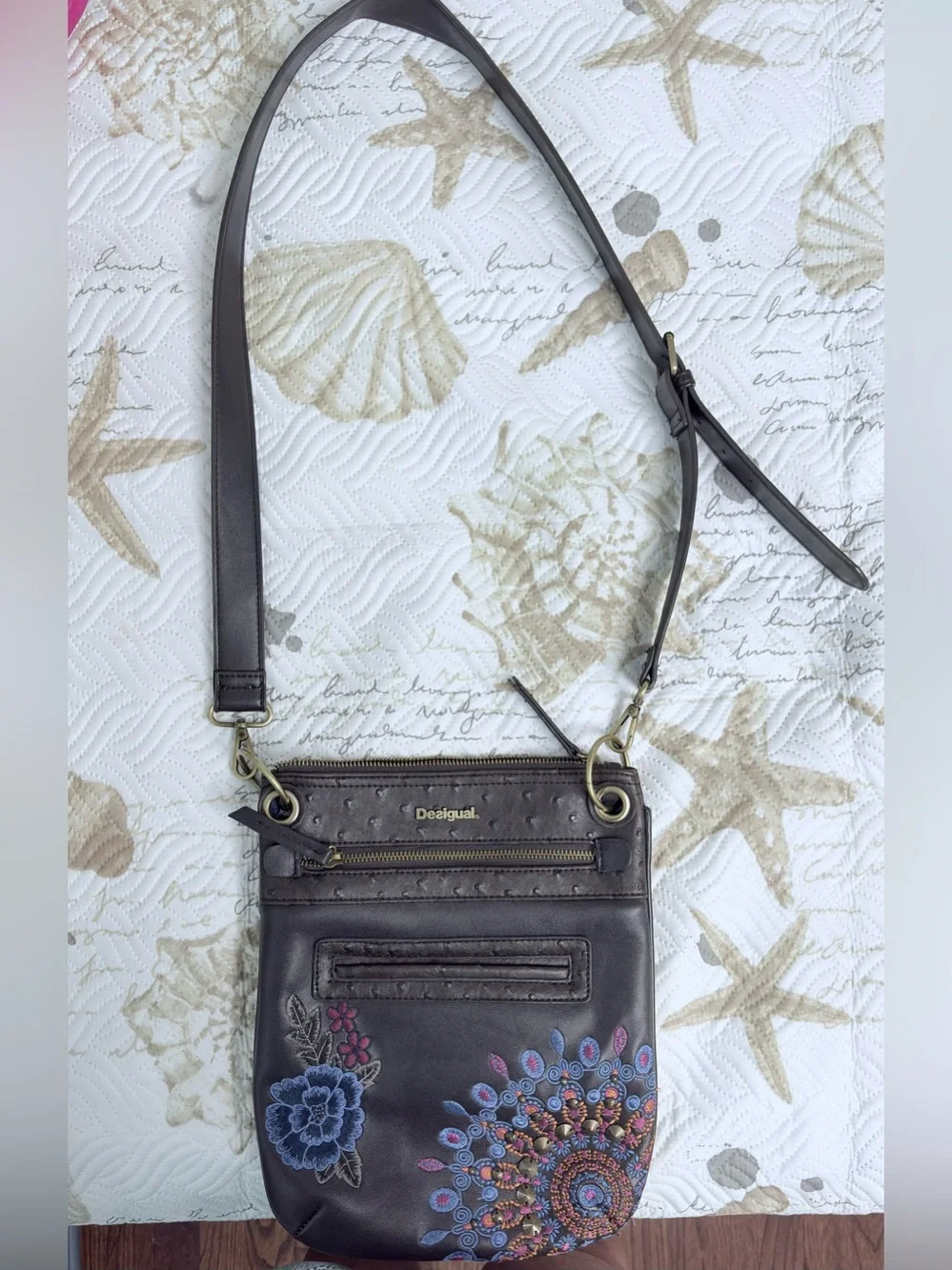 Desigual Brown Leather Crossbody with Embroidered Floral Mandala
